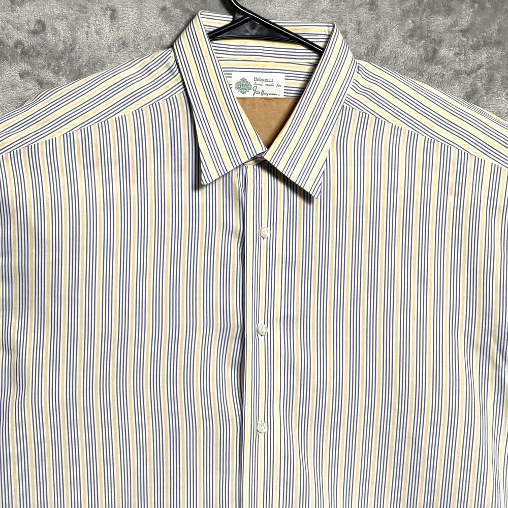 Borrelli Dress Shirt Mens 18 White Blue Yellow Striped Jay Hayman Handmade Italy